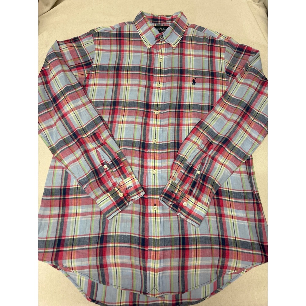 Vintage Ralph Lauren Mens Custom Fit Linen Plaid Button Down Shirt Blue Red M